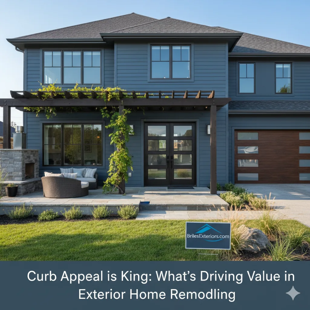 Modern blue-gray home exterior remodel with wood pergola, stone fireplace, and outdoor seating area for enhanced curb appeal.